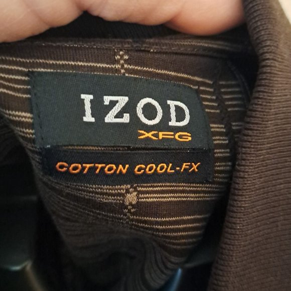 Izod Polo Shirt Mens XL Golfing XFG Golf Cotton Cool FX Brown Tan Linear Print - Picture 5 of 12